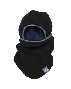 Cagoule - Calikids noire en tissu polaire doublé bleu marine pour enfant, vue de face avec ouverture frontale ajustée.