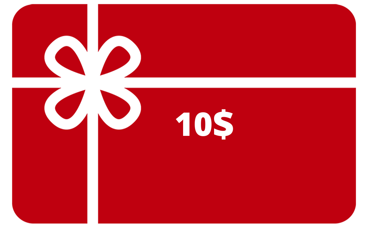 Carte-cadeau 10$ rouge avec motif de nœud blanc stylisé, vue de face, format rectangulaire simple.