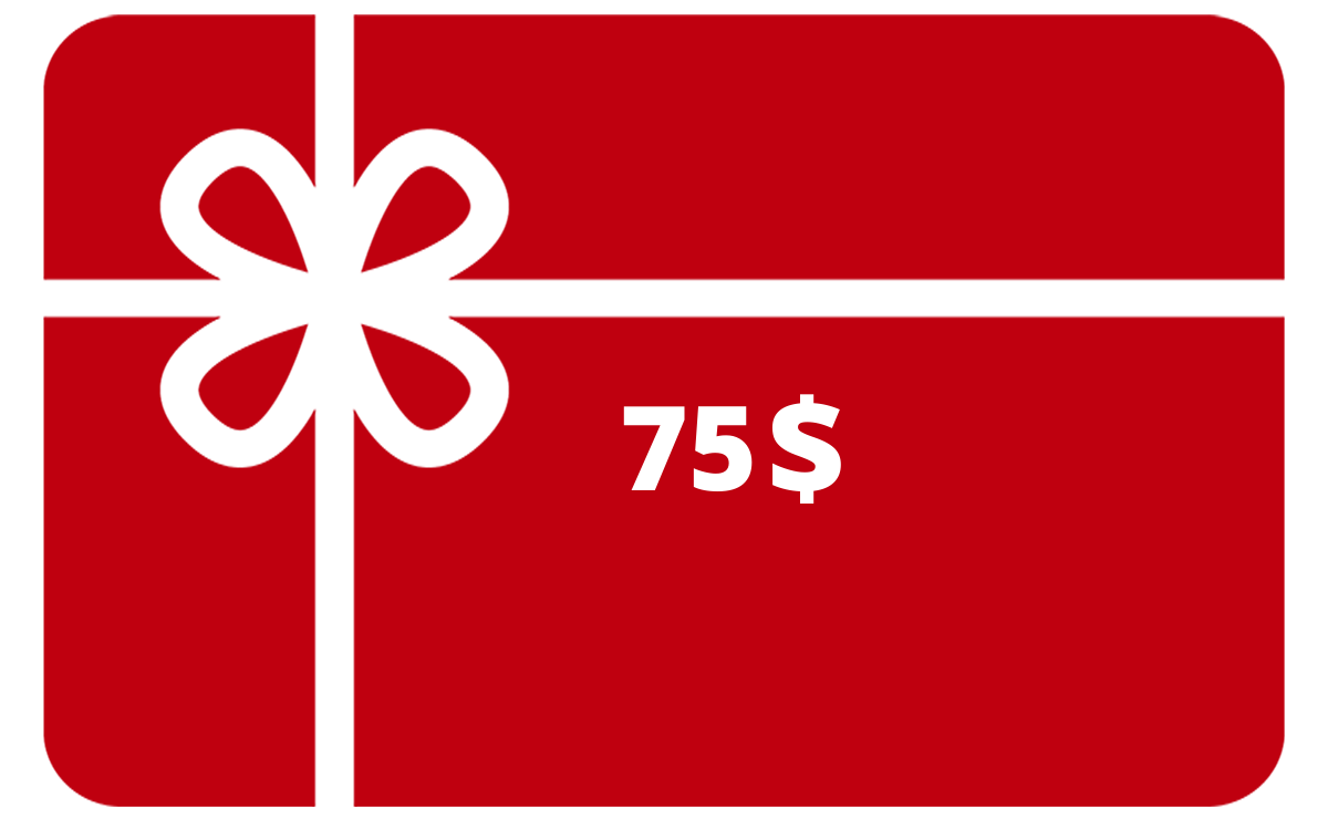 Carte-cadeau 75$ rouge avec ruban stylisé blanc, vue de face, design simple pour tous âges.