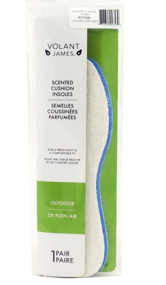 Semelles coussinées parfumées blanches et bleues en matériau textile, vue face emballage transparent pour usage extérieur adulte.