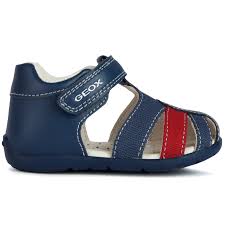 Sandales - Geox bleu marine avec détails rouges et blancs en cuir, style fermé pour fille, vue de profil droit.