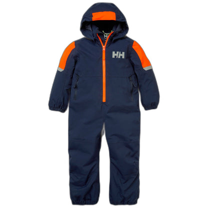 Habit de neige 1 pc - Helly Hansen bleu marine et orange, combinaison garçon à capuche, vue de face, tissu technique imperméable.