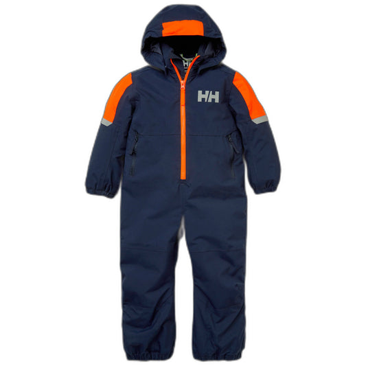 Habit de neige 1 pc - Helly Hansen bleu marine et orange, combinaison garçon à capuche, vue de face, tissu technique imperméable.