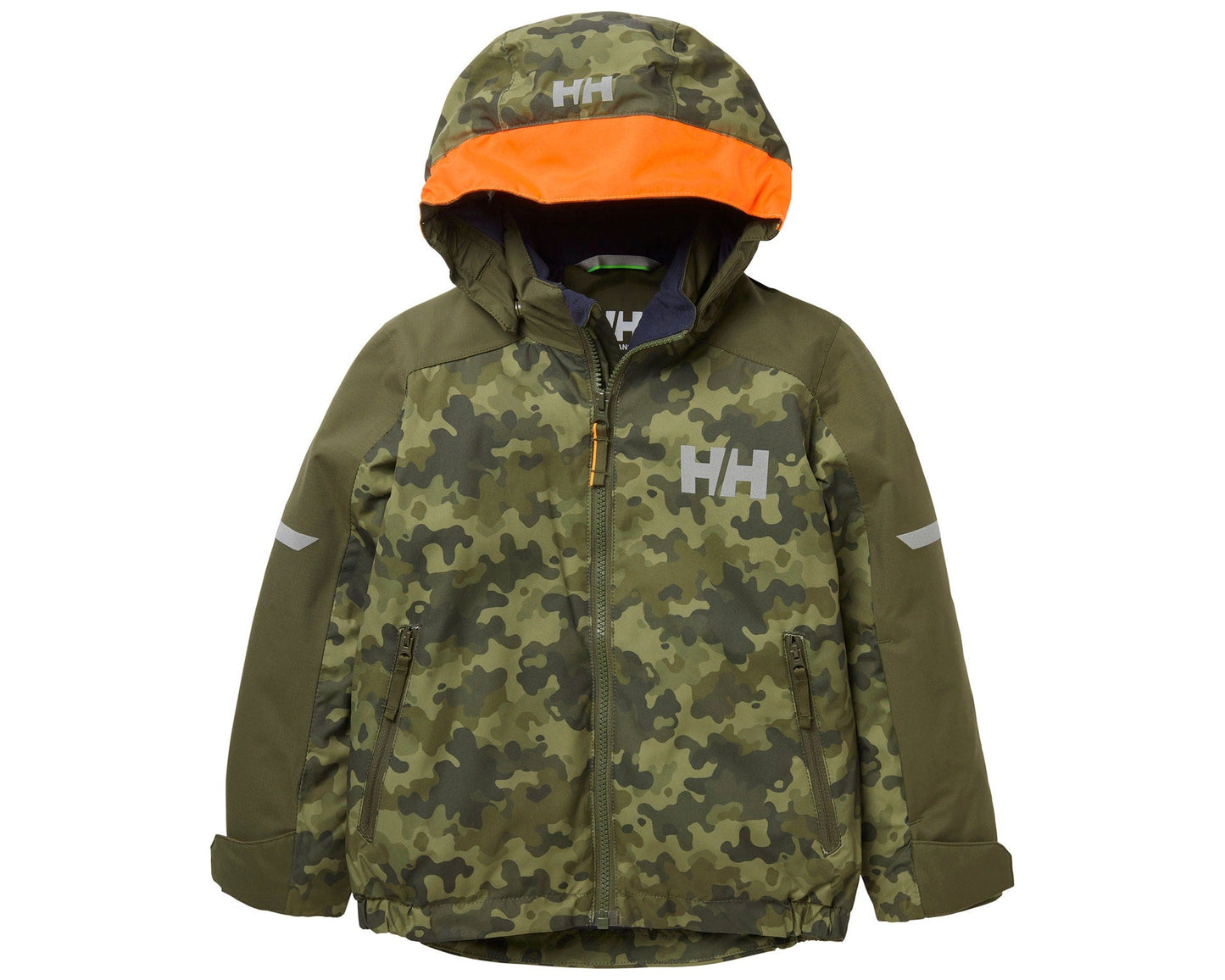 Manteau d'hiver - Helly Hansen camouflage vert kaki avec capuche orange, style garçon, vue de face, matériau technique visible.