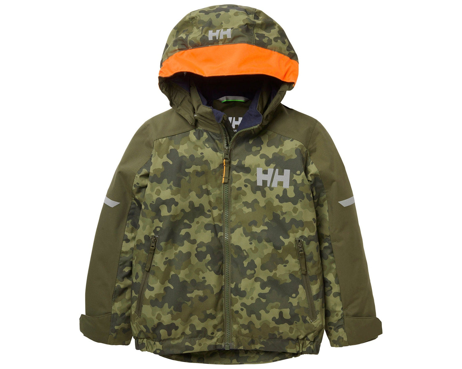 Manteau d'hiver - Helly Hansen camouflage vert kaki avec capuche orange, style garçon, vue de face, matériau technique visible.