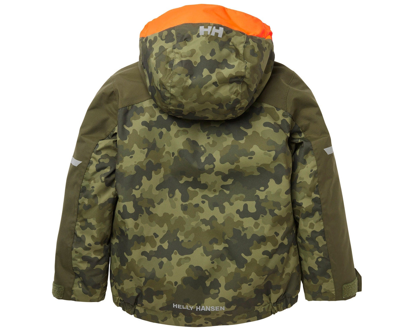 Manteau d'hiver - Helly Hansen camouflage vert avec capuche orange pour garçon, vue de dos, tissu technique imperméable