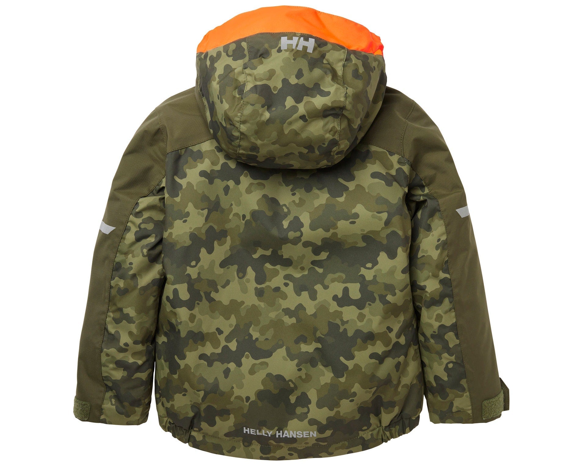 Manteau d'hiver - Helly Hansen camouflage vert avec capuche orange pour garçon, vue de dos, tissu technique imperméable