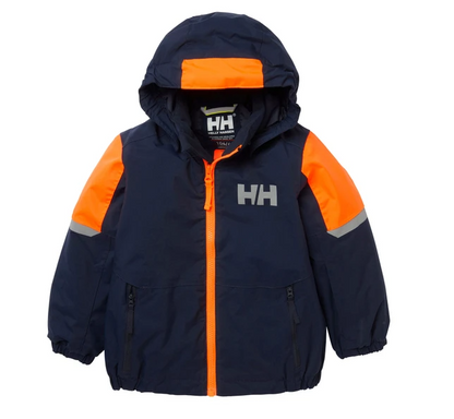 Manteau d'hiver - Helly Hansen bleu marine et orange pour enfant, à capuche, vue de face, avec logo HH sur la poitrine.