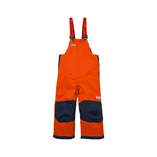 Salopette de neige - Helly Hansen orange et noire en tissu imperméable, style unisexe enfant, vue de face sans mannequin.