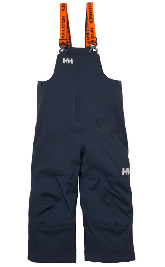 Salopette de neige Rider - Helly Hansen bleu marine avec bretelles orange, style garçon, vue de face, tissu imperméable.