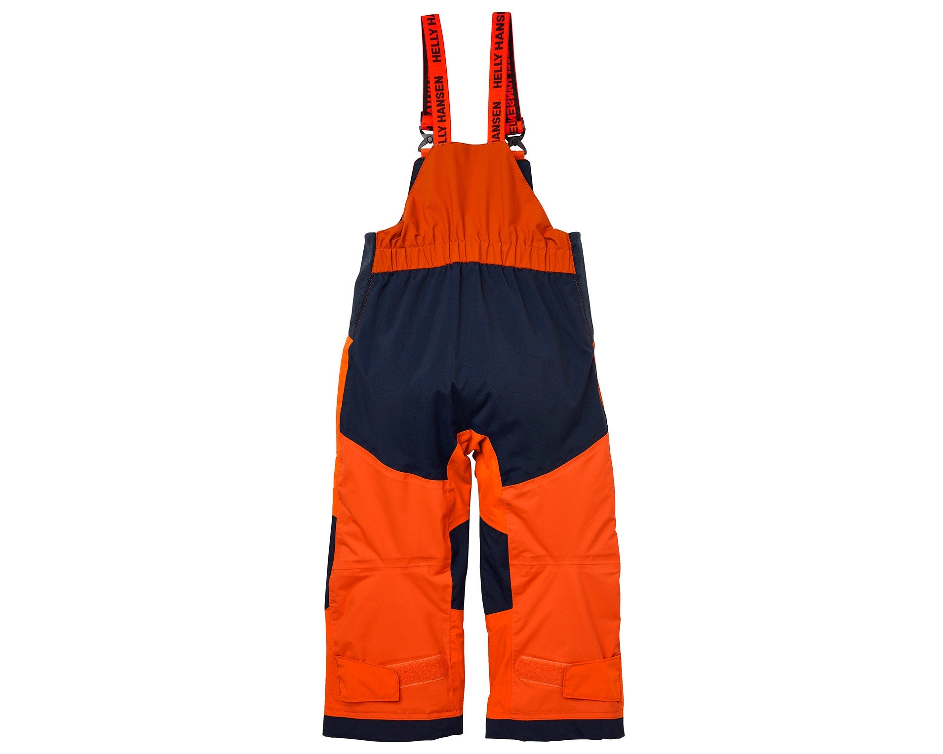 Salopette de neige Rider - Helly Hansen orange et bleu marine, isolante, vue de dos, enfant, bretelles ajustables et coutures étanches.