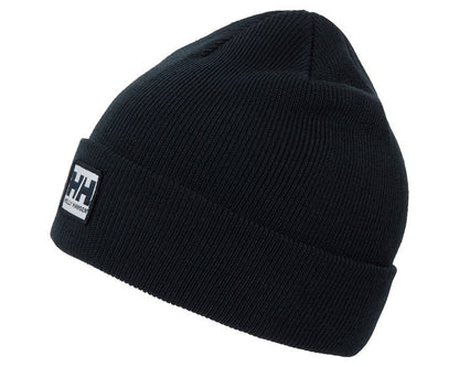 Tuque d'hiver - Helly Hansen noire en tricot double épaisseur, style classique, vue de côté avec logo visible.