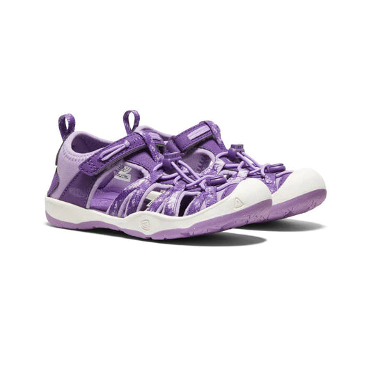 Sandales Moxie - Keen violettes et blanches en caoutchouc, style gougounnes pour fille, vue trois quarts face.