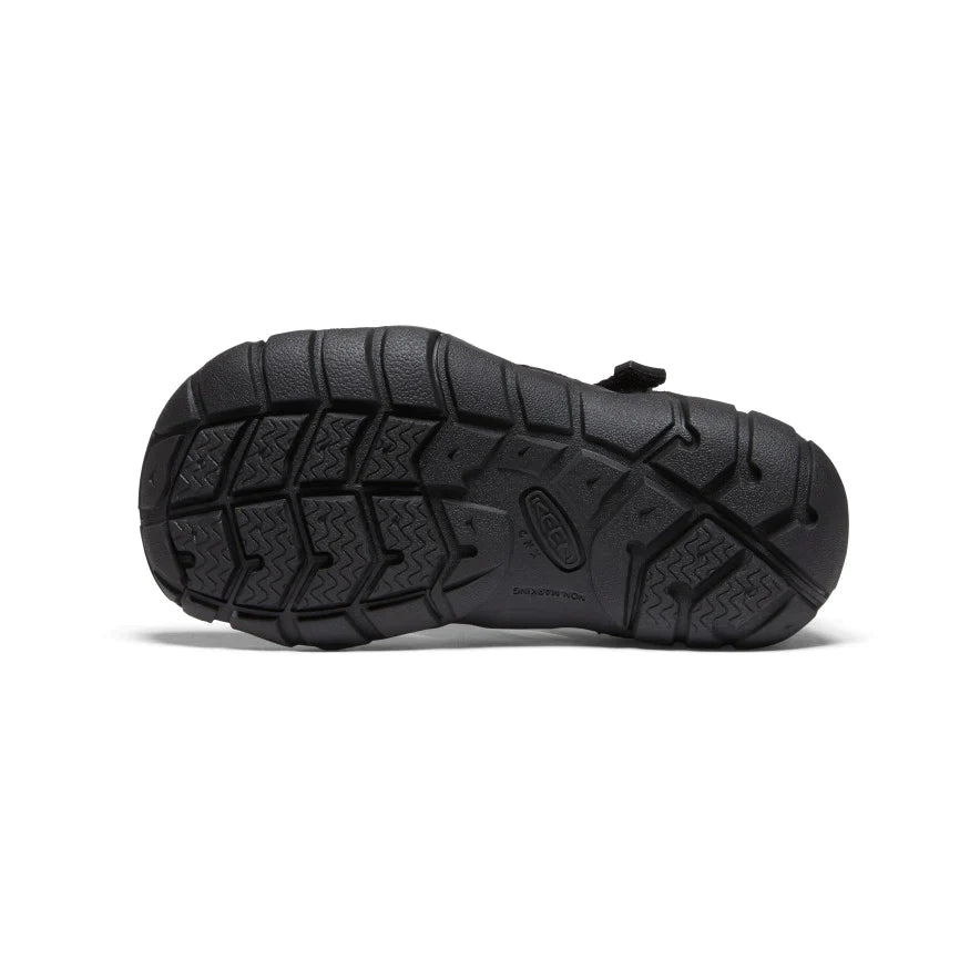 Sandales - Seacamp II Keen vue de dessous noire en caoutchouc avec motif crampons multidirectionnels pour adhérence.