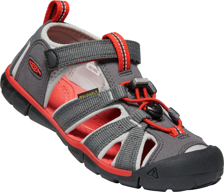 Sandales - Seacamp II Keen grises et rouges en caoutchouc pour enfant, vue en angle montrant la fermeture velcro et sangle élastique.