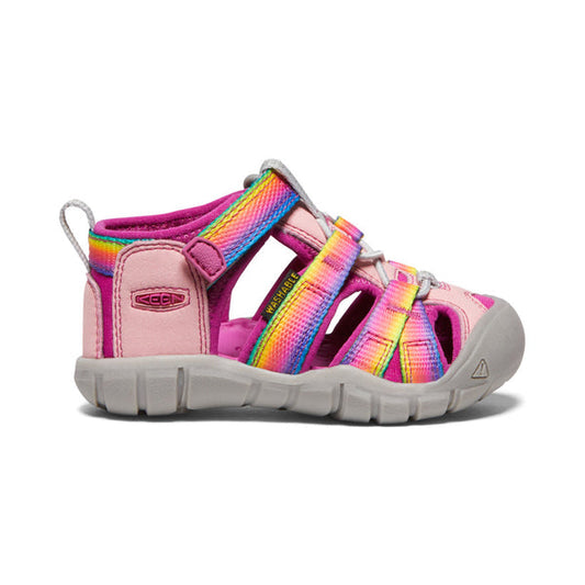 Sandales - Seacamp II Keen rose avec sangles multicolores arc-en-ciel pour fille, vue de profil côté extérieur.