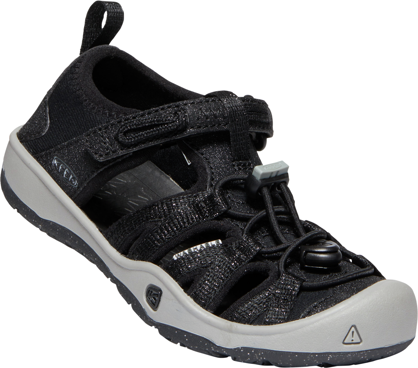 Sandales Moxie - Keen noires et grises en caoutchouc léger, style sportif, vue de trois quarts côté extérieur.