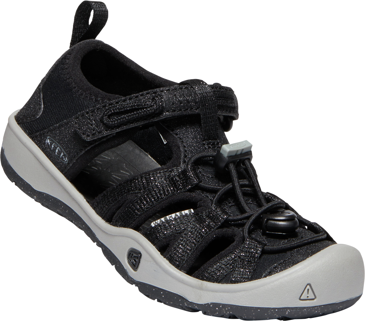 Sandales Moxie - Keen noires et grises en caoutchouc léger, style sportif, vue de trois quarts côté extérieur.