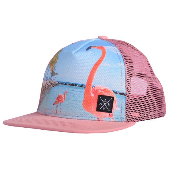 Casquette - L&P rose et bleu avec imprimé flamants roses, filet arrière, taille enfant, vue de profil