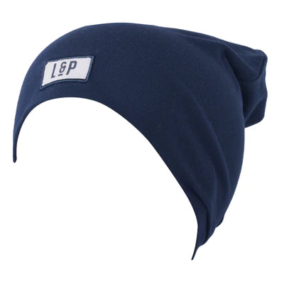 Tuque Mi-Saison - L&P bleu marine en coton et élasthanne, extensible, vue de profil sur fond blanc