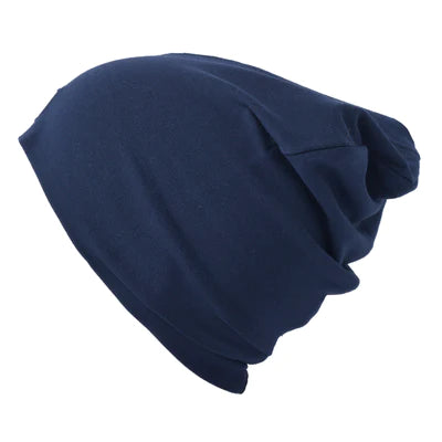 Tuque Mi-Saison - L&P en coton bleu marine extensible, vue de côté, style décontracté, unisexe, léger et confortable.