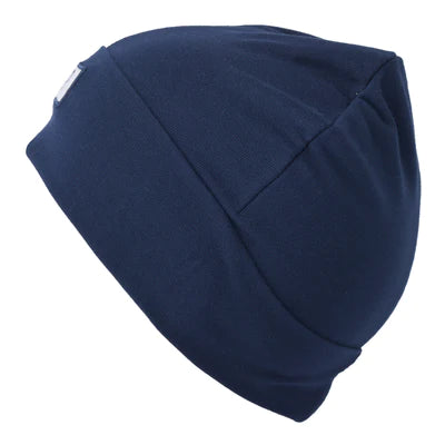 Tuque Mi-Saison - L&P en coton bleu marine extensible, vue de côté montrant la texture douce et le maintien.