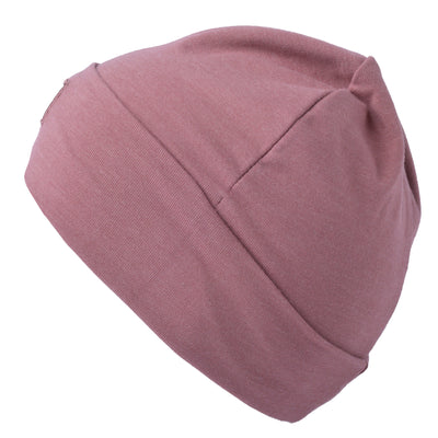 Tuque Mi-Saison - L&P rose mauve en coton extensible, vue de côté montrant le pli roulé, doux et malléable pour adulte.