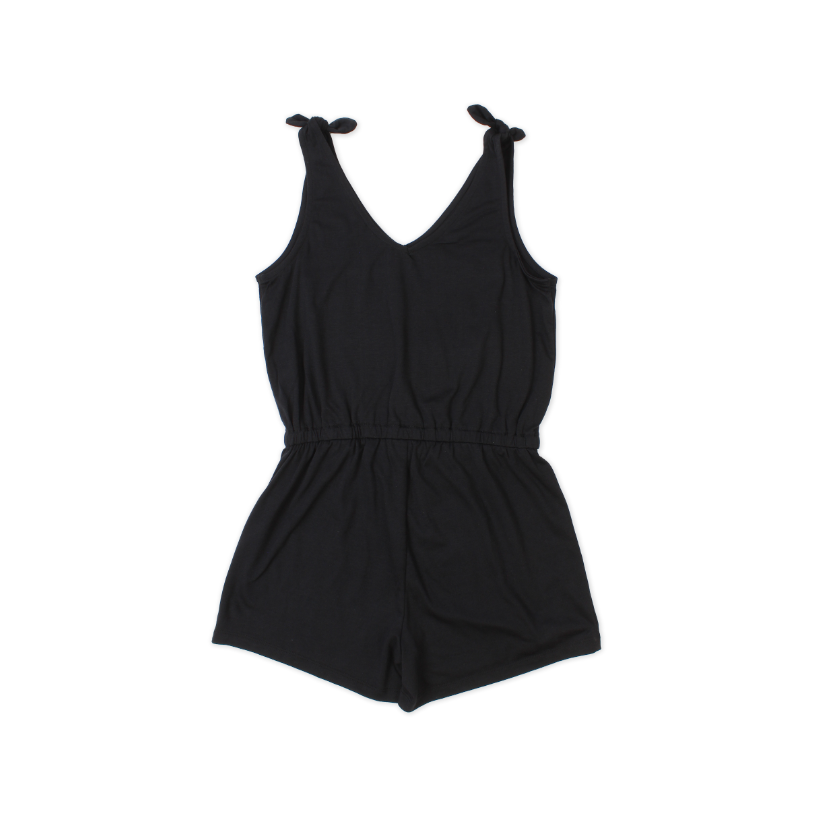 Combinaison - Mandarine & Co noire sans manches en coton pour fille, avec bretelles nouées, vue de face à plat.