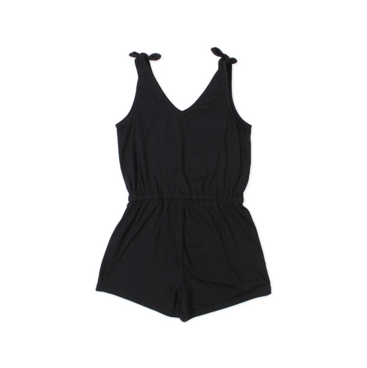 Combinaison - Mandarine & Co noire sans manches en coton pour fille, avec bretelles nouées, vue de face à plat.