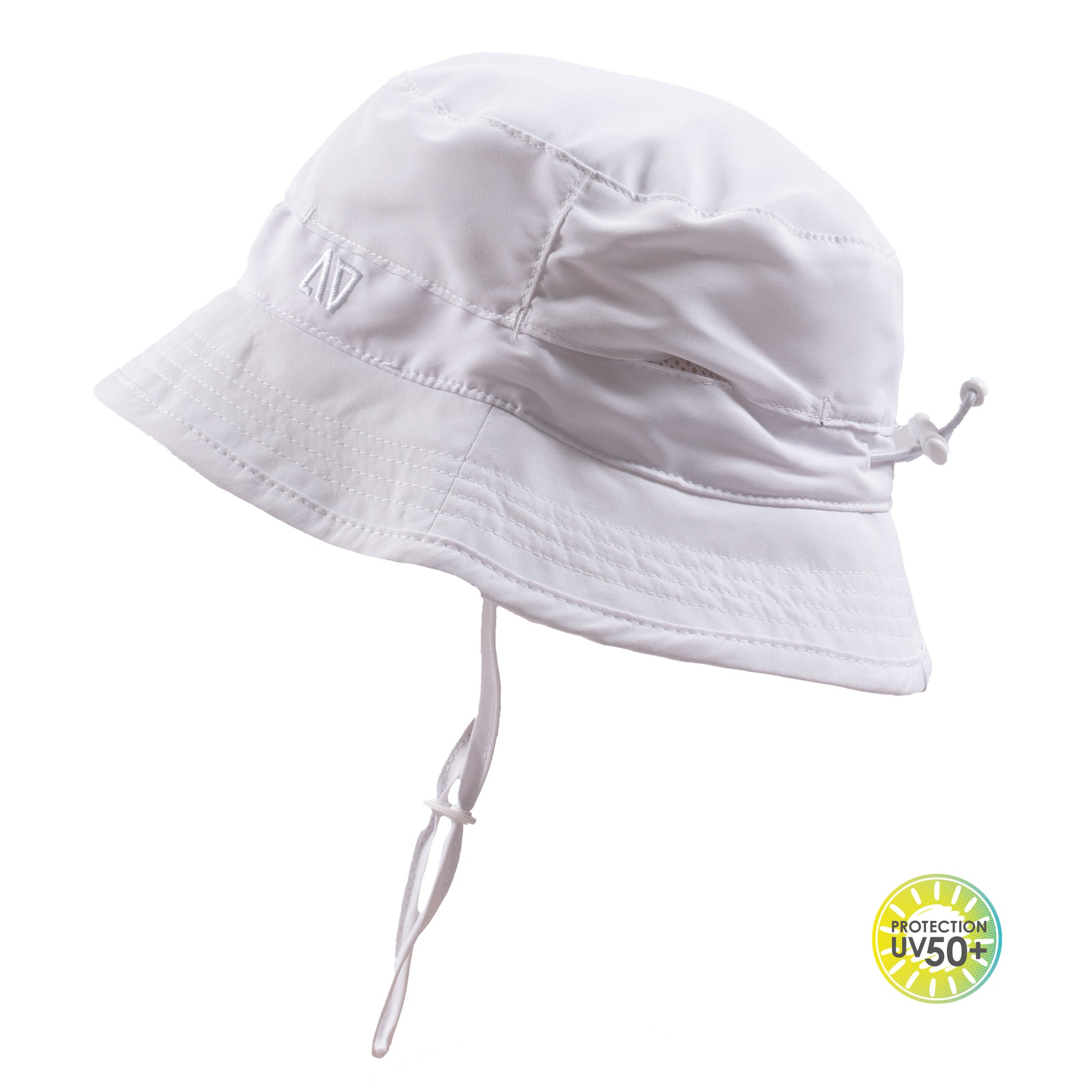 Chapeau U.V - Nanö blanc léger avec cordon de serrage amovible, tissu protection solaire UPF 50+, vue de profil.