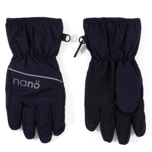 Gants Mi-Saison - Nanö bleu marine et noir pour enfant, résistants à l’eau, vue de dessus et dessous, détail poignets élastiques.