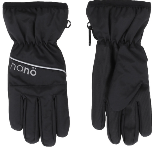 Gants Mi-Saison - Nanö noirs en nylon résistant à l’eau avec doublure micropolar, vue des deux faces, taille enfant.