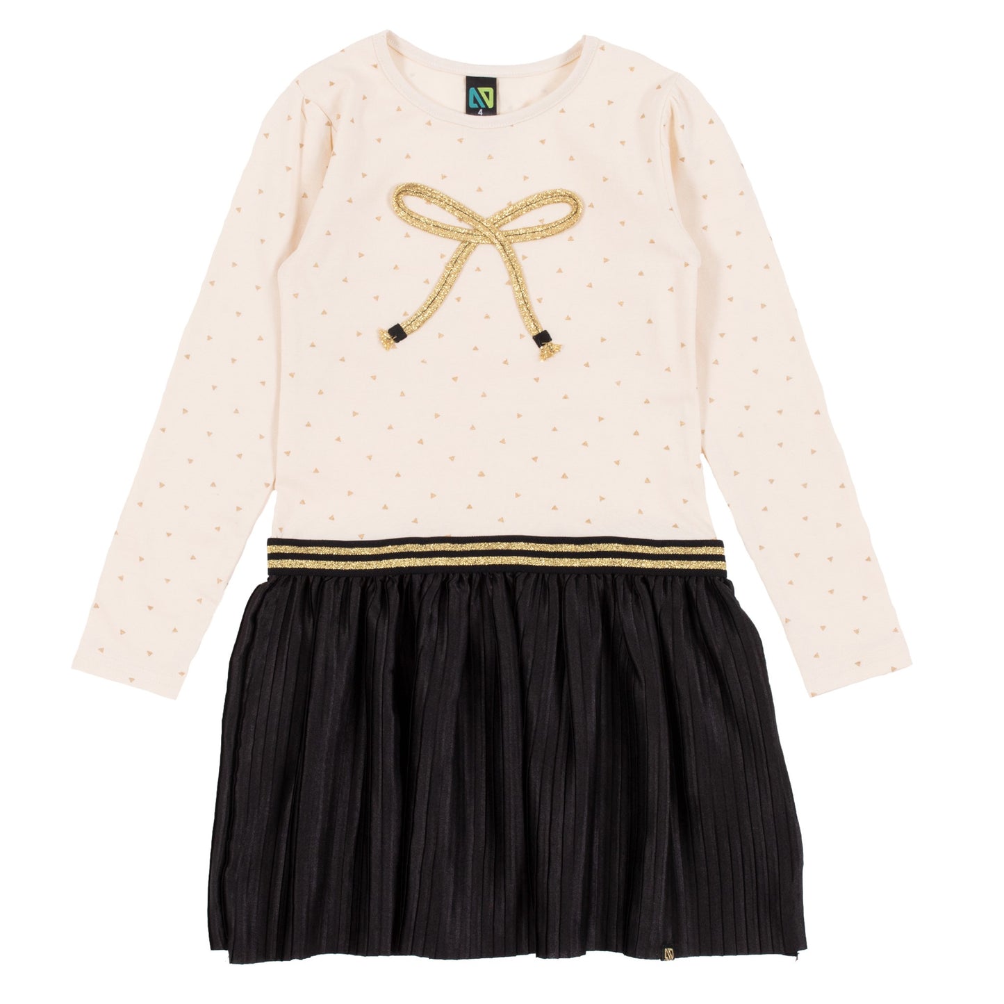 Robe - Nanö pour fille en jersey ivoire à motifs, manches longues, jupe plissée noire, vue de face sur fond blanc.