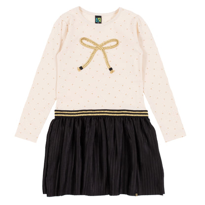 Robe - Nanö pour fille en jersey ivoire à motifs, manches longues, jupe plissée noire, vue de face sur fond blanc.