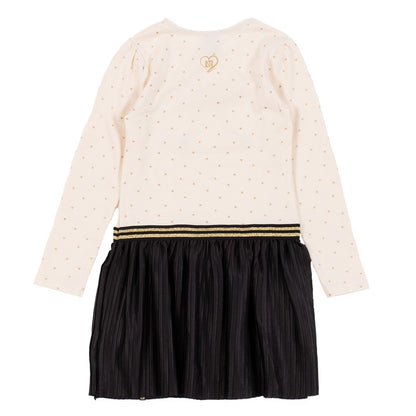 Robe - Nanö fille manches longues ivoire à motifs et jupe plissée noire, vue de dos, jersey coton élasthanne