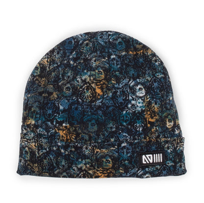 Tuque Mi-Saison - Nanö en jersey doux bleu marine et ocre avec motifs imprimés, pour garçon, vue de face roulée.