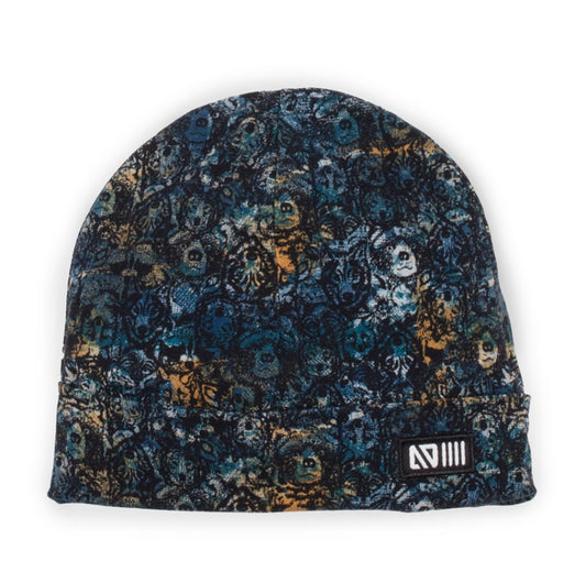 Tuque Mi-Saison - Nanö en jersey doux bleu marine et ocre avec motifs imprimés, pour garçon, vue de face roulée.