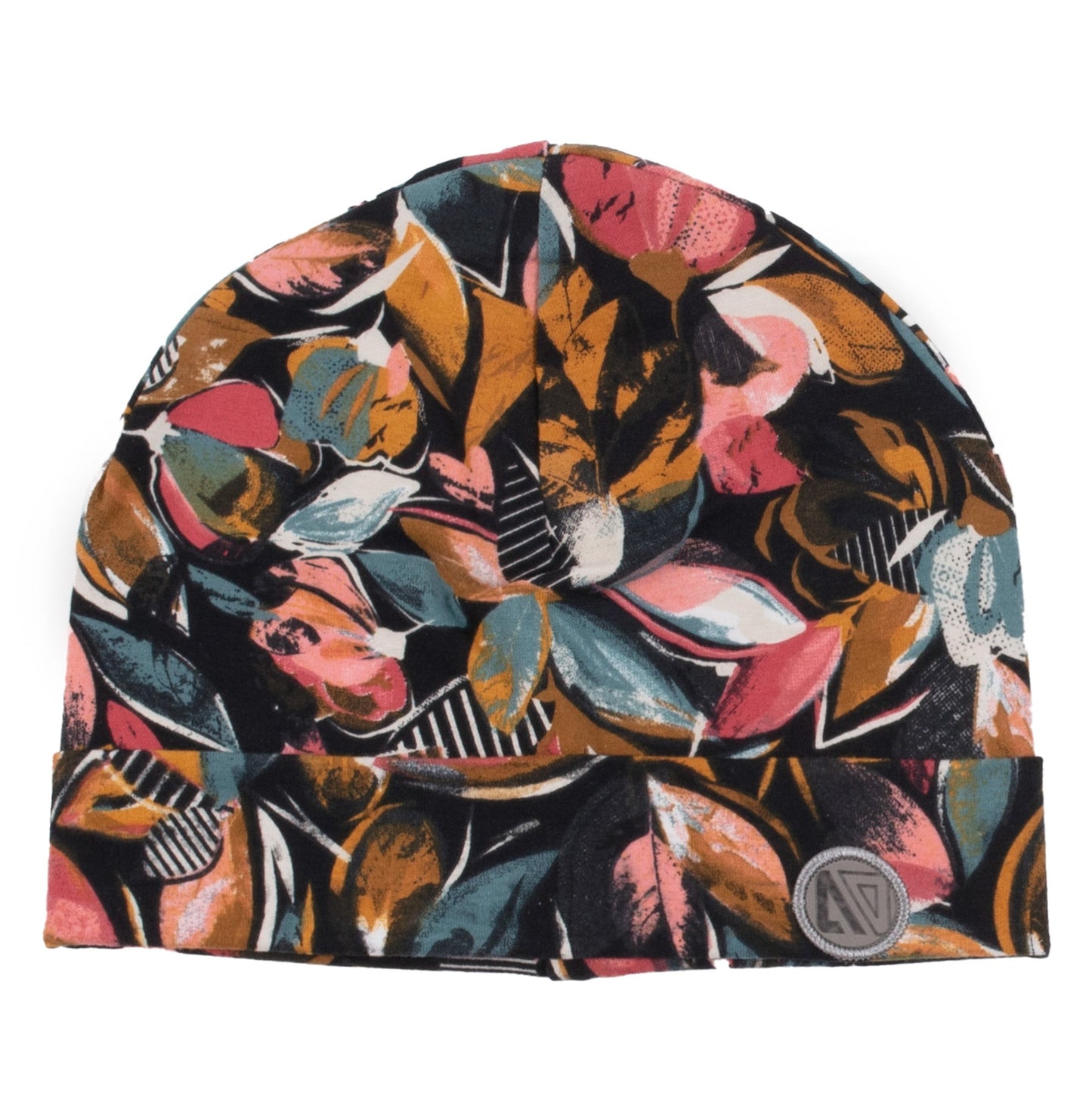 Tuque Mi-Saison - Nanö avec motifs floraux multicolores orange, rose et bleu, en tissu doux, vue de face.