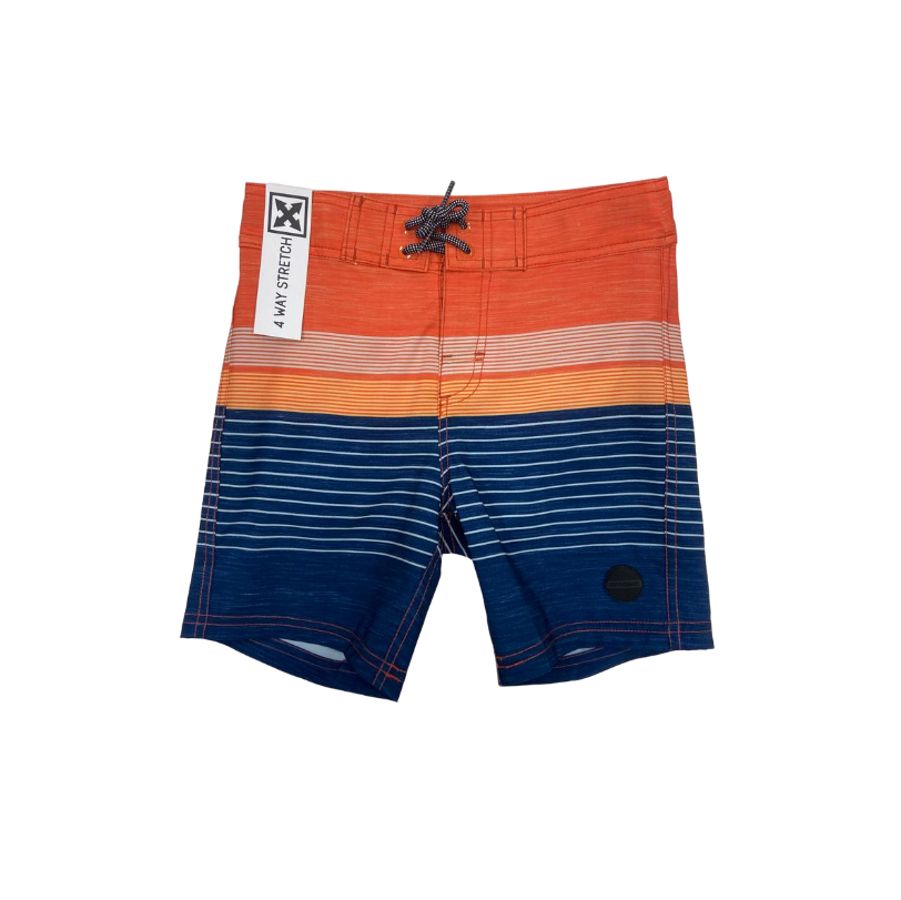 Maillot de bain - Northcoast short de bain rayé orange, jaune et bleu, taille ajustable, vue de face, pour garçon enfant.