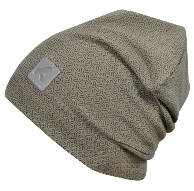 Tuque Mi-Saison - Perlimpinpin beige avec motifs géométriques bruns, tissu coton et spandex, vue de côté porté sans mannequin.
