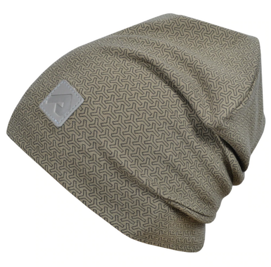 Tuque Mi-Saison - Perlimpinpin beige avec motifs géométriques bruns, tissu coton et spandex, vue de côté porté sans mannequin.