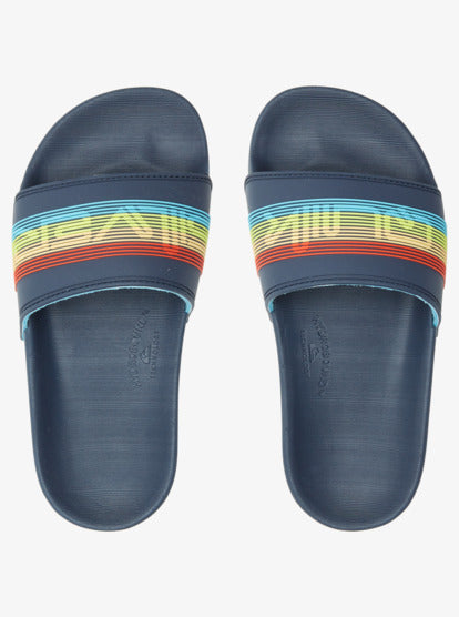 Sandales - Quiksilver bleu marine avec bandes multicolores rouge, jaune, vert, vue de dessus face, style gougounnes adultes.