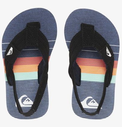 Sandales - Molokai Layback garçon bleu marine avec bandes orange, rouge et vert clair, lanières noires, vue de dessus.