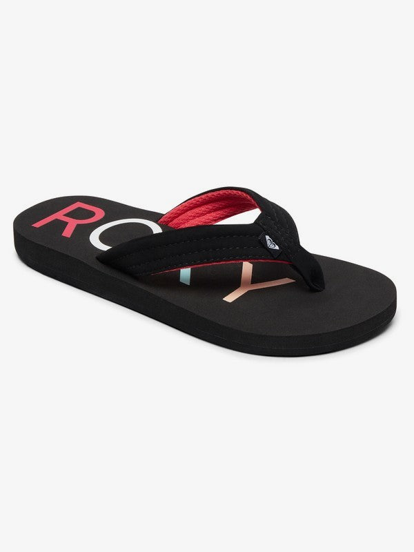 Sandales Vista - Roxy noire avec détails rouges et logo coloré, tissu synthétique, pour fille, vue de côté angle avant