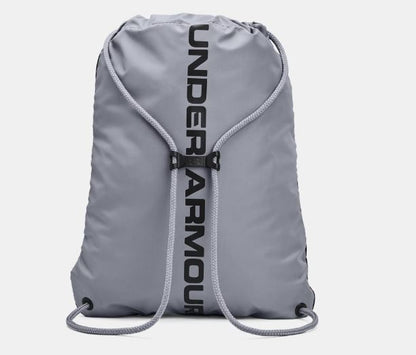 Sac à cordons - Under Armour gris clair en matériau durable, vue de dos avec cordons et pince de sternum noir