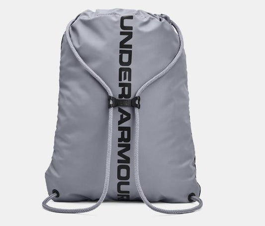 Sac à cordons - Under Armour gris clair en matériau durable, vue de dos avec cordons et pince de sternum noir