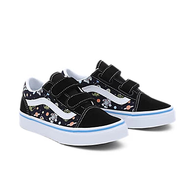 Chaussures - Old Skool V garçon noires avec motifs colorés, semelle blanche, fermeture velcro, vue trois quarts.